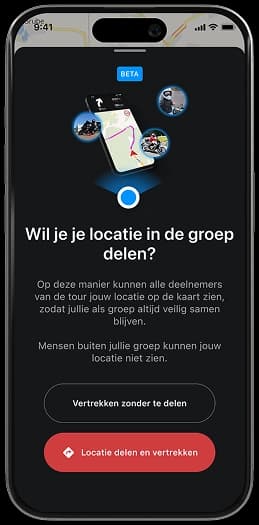 Smartphone-Display unserer Motorrad-Navigations-App mit Standortfreigabe für Gruppen – teile deine Motorradtour über kurvige Straßen live mit deinen Freunden.