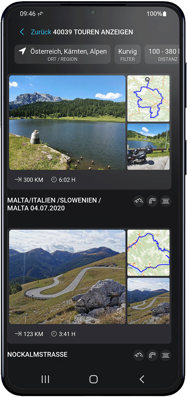 inspire android calimoto tour planning and route creation displayed on Android and iOS devices using mockups