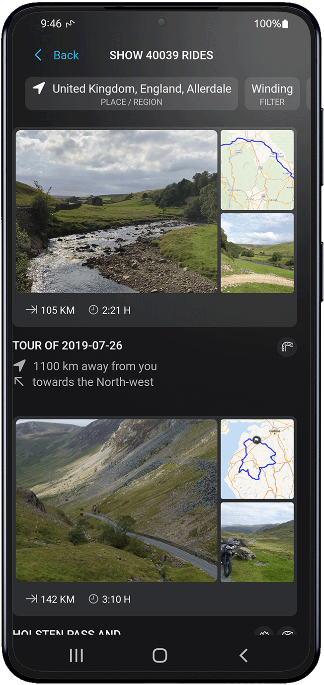 inspire android calimoto tour planning and route creation displayed on Android and iOS devices using mockups