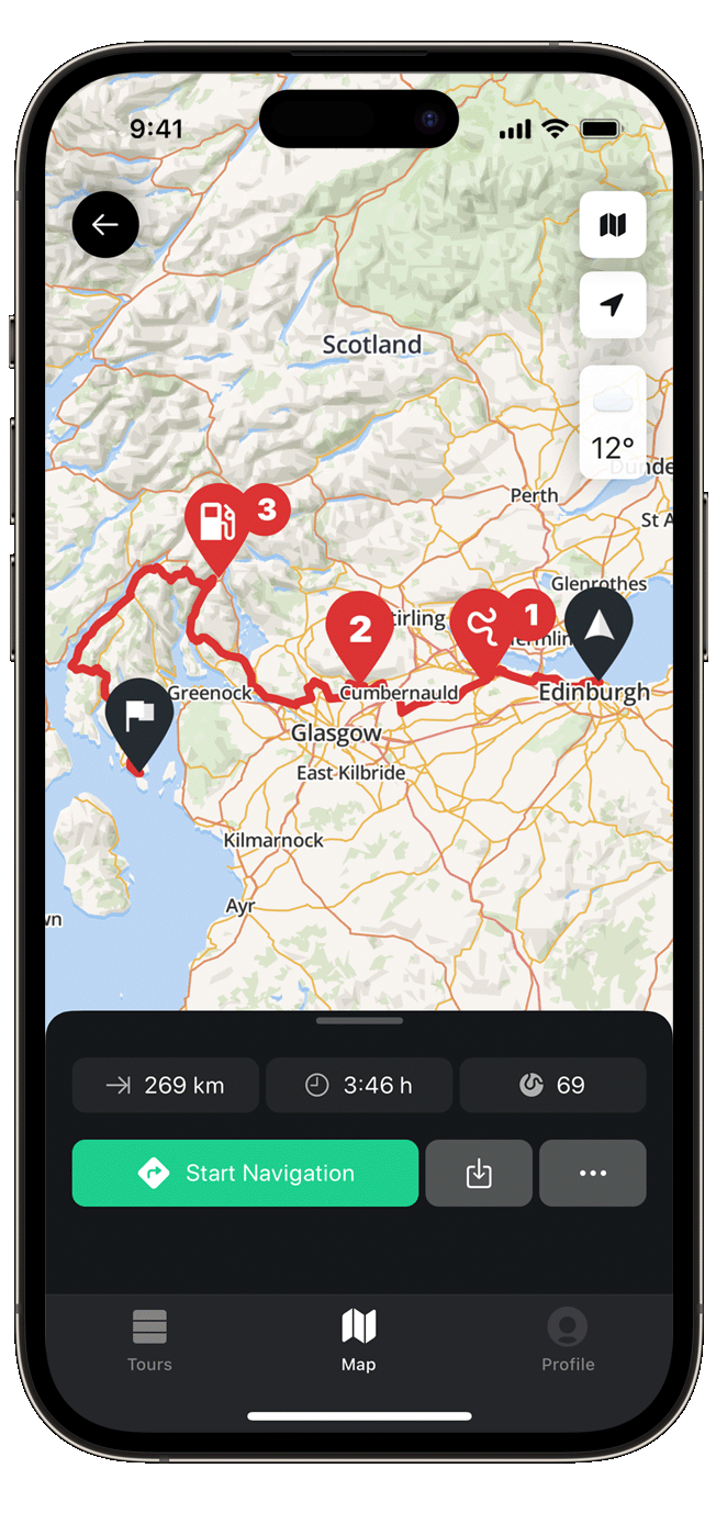 plan ios calimoto tour planning and route creation displayed on Android and iOS devices using mockups