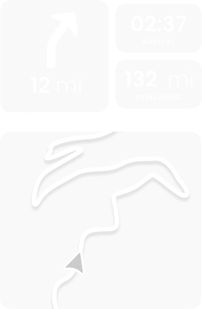 Graphic showing navigation elements such as arrival time, route guidance, and route overview.