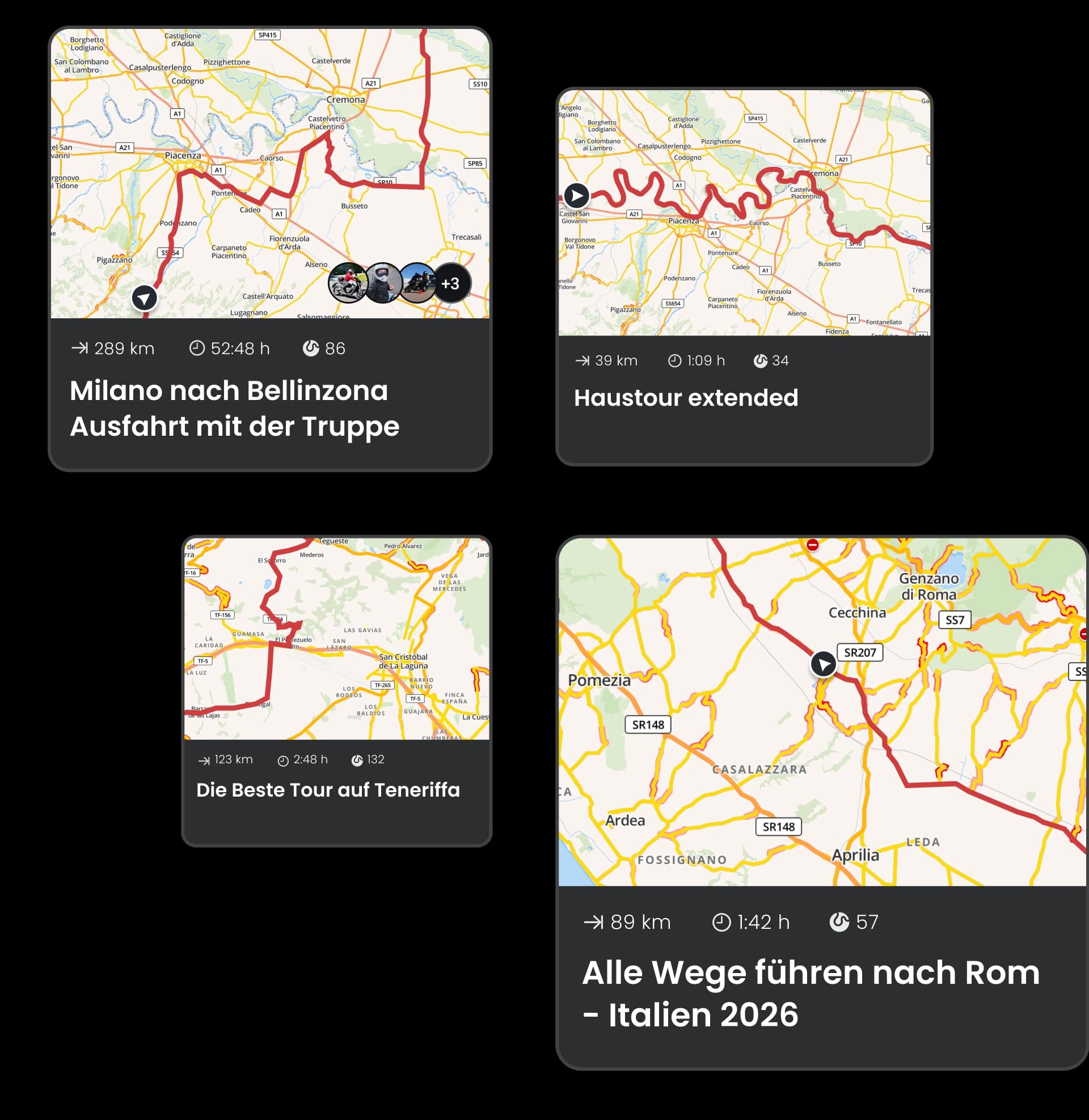 Vier Karten-Routenvorschauen für Motorradtouren in Europa mit Angaben zu Entfernung, Dauer und kurvigen Strecken – geplant mit der Motorradnavigations-App von calimoto