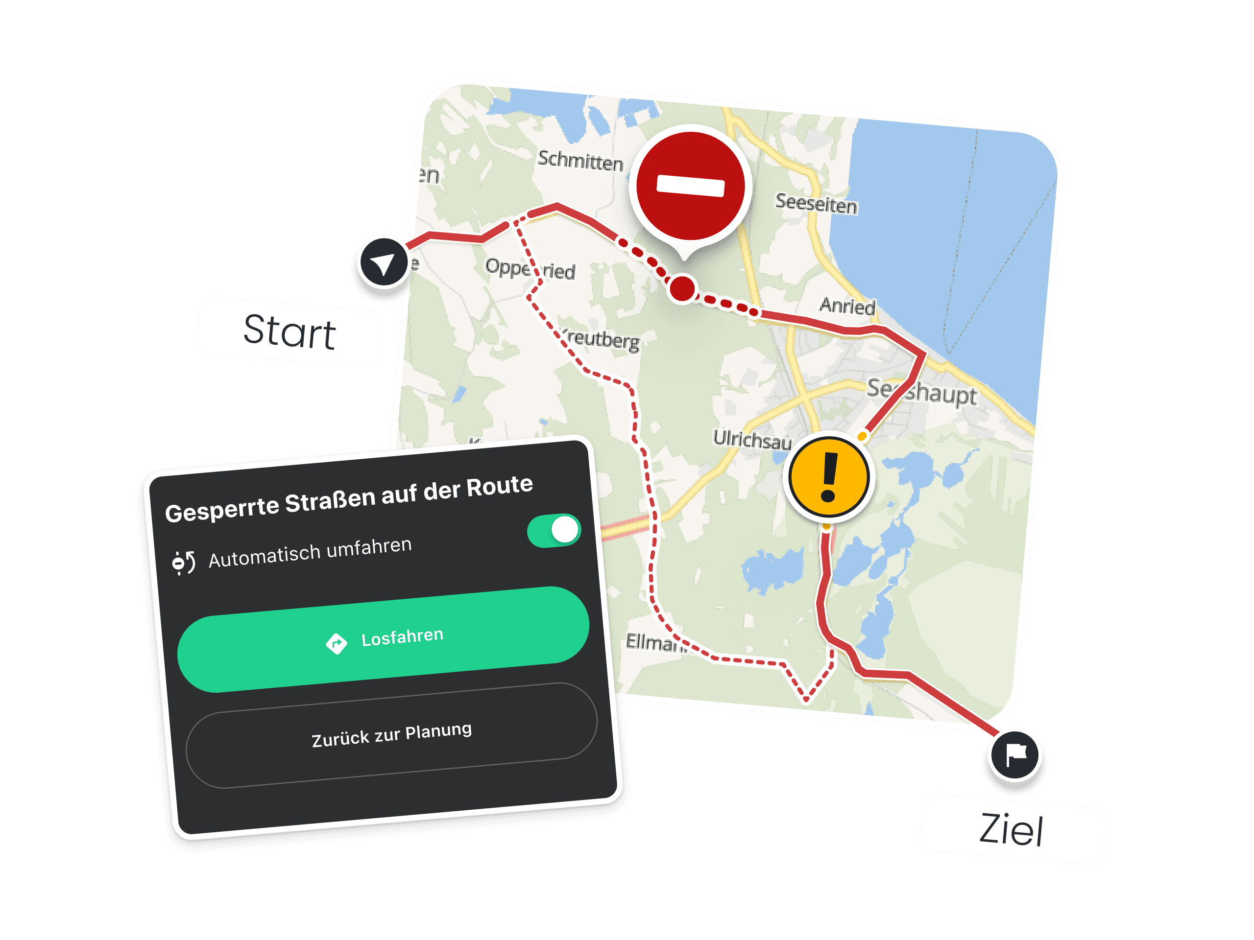 Karte einer Motorradroute mit Warnsymbol für eine Straßensperrung – unsere Motorradnavigation berechnet sofort eine Umleitung über alternative kurvige Straßen ans Ziel.