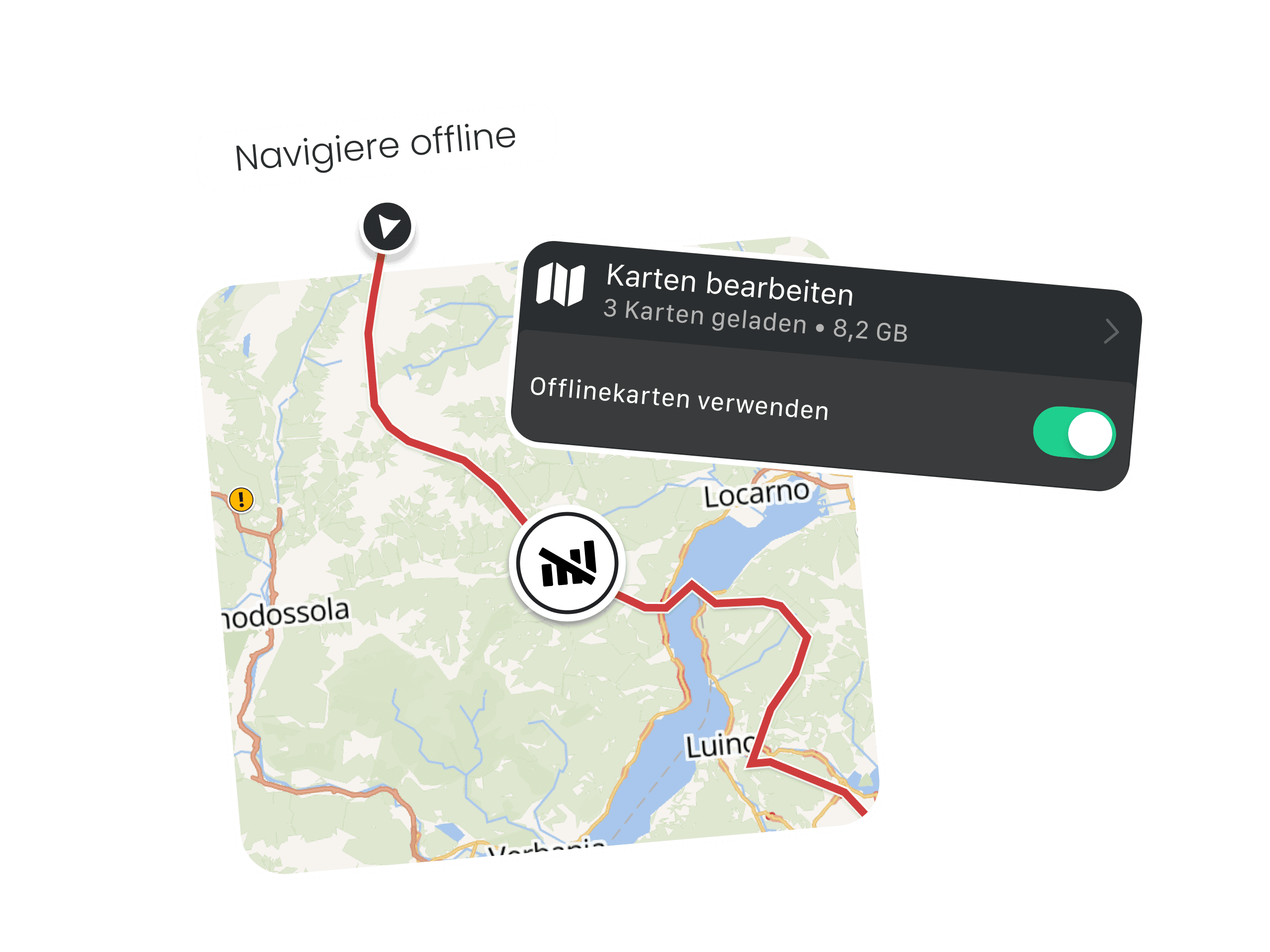 Digitale Karte der Motorradnavigation mit roter Route bei Locarno – lade Offline-Karten herunter, um kurvige Straßen und malerische Landschaften jederzeit ohne Internet zu genießen.