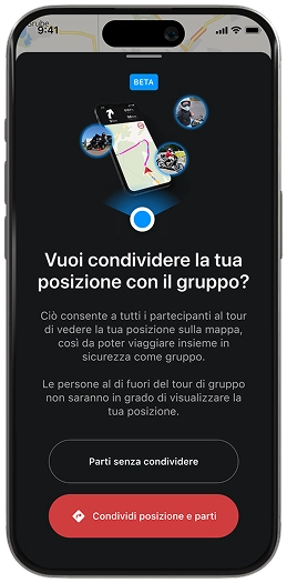 Smartphone-Display unserer Motorrad-Navigations-App mit Standortfreigabe für Gruppen – teile deine Motorradtour über kurvige Straßen live mit deinen Freunden.