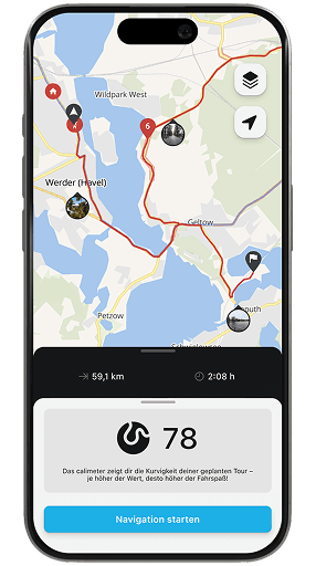 Smartphone-Display unseres Motorrad-Routenplaners mit fertiger Tour – starte die Motorradnavigation auf Knopfdruck und genieße kurvige Straßen in schönen Landschaften.