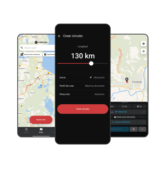 Tres capturas de pantalla de la app de calimoto: cómo planificar tu ruta en moto.