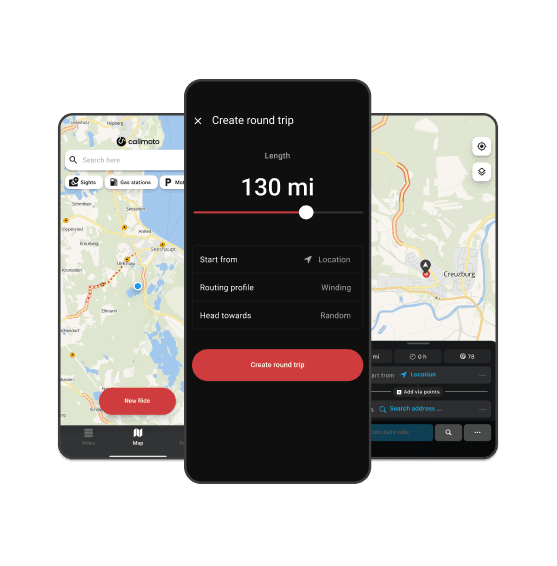Three screenshots of the calimoto app: How to plan your motorcycle tour.
