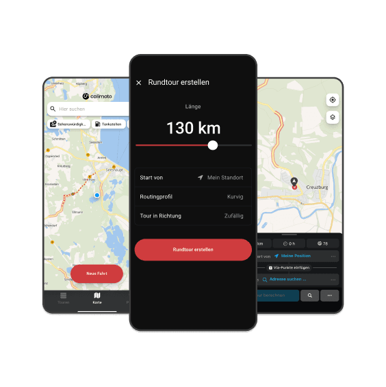 Drei Bildschirmaufnahmen der calimoto-App: So planst du deine Motorradtour.