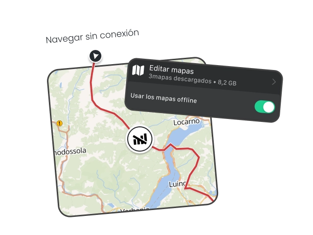 Digitale Karte der Motorradnavigation mit roter Route bei Locarno – lade Offline-Karten herunter, um kurvige Straßen und malerische Landschaften jederzeit ohne Internet zu genießen.