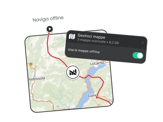 Digitale Karte der Motorradnavigation mit roter Route bei Locarno – lade Offline-Karten herunter, um kurvige Straßen und malerische Landschaften jederzeit ohne Internet zu genießen.