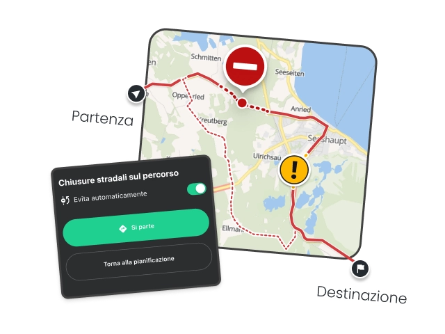 Karte einer Motorradroute mit Warnsymbol für eine Straßensperrung – unsere Motorradnavigation berechnet sofort eine Umleitung über alternative kurvige Straßen ans Ziel.