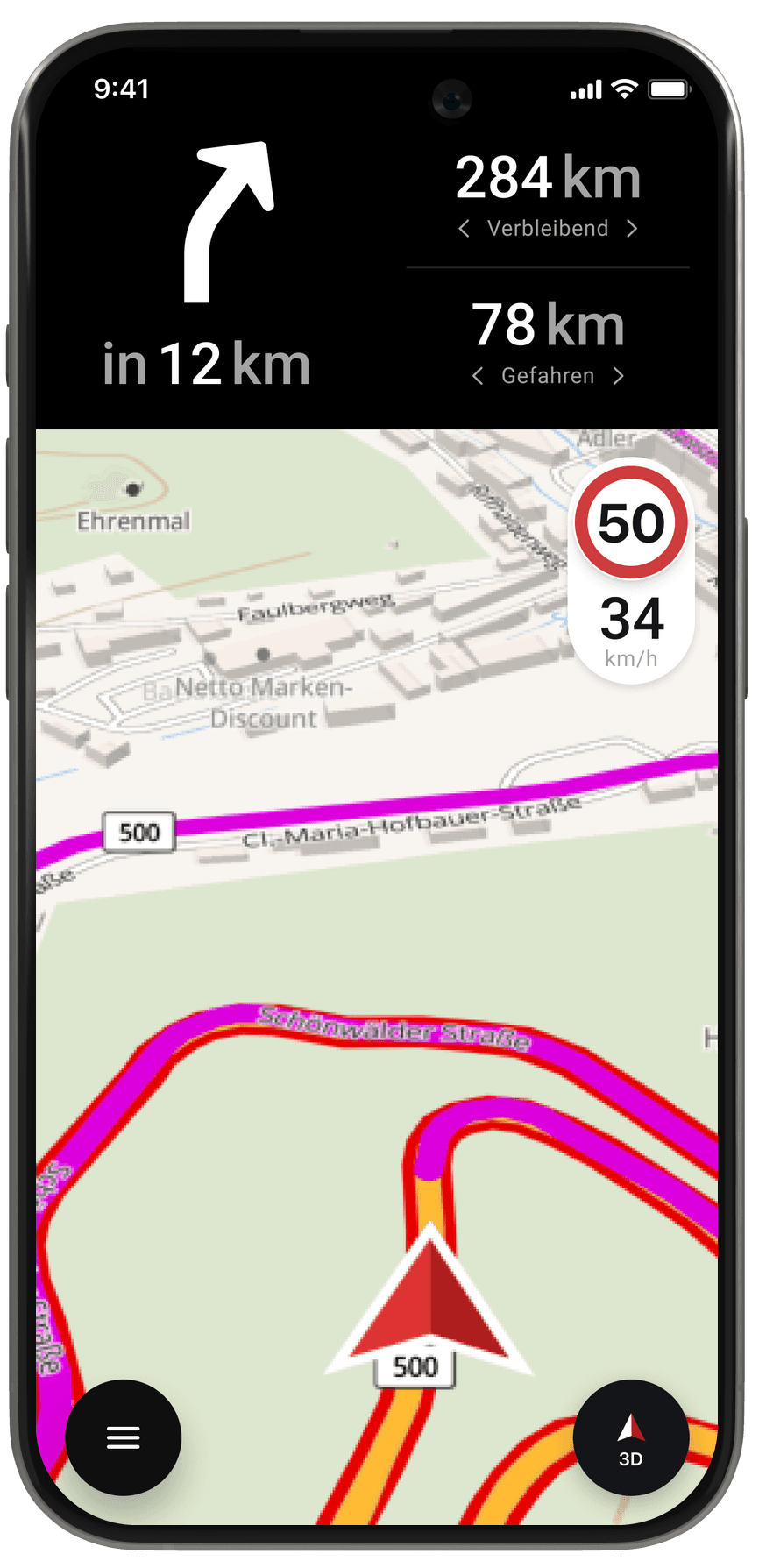 Aktive Motorradnavigation auf dem Smartphone-Display mit Geschwindigkeitsanzeige und Tempolimit – navigiere sicher und entspannt über kurvige Straßen und durch schöne Landschaften.
