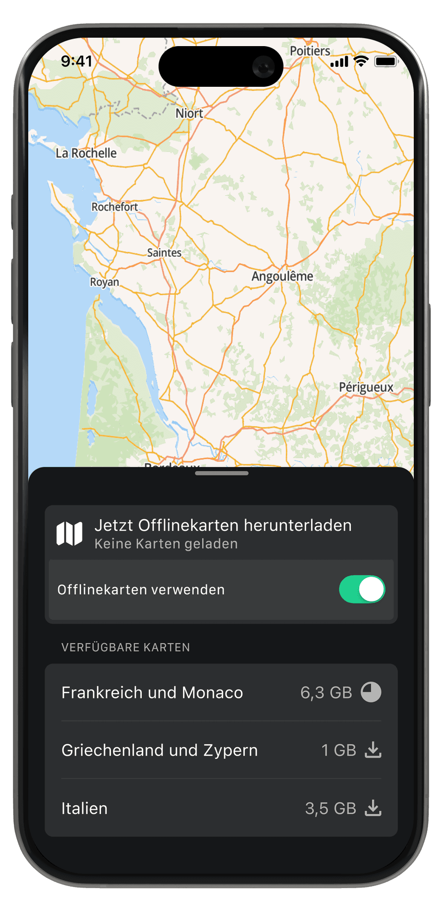Digitale Karte der calimoto Motorrad-Navigations-App mit roter Route bei Locarno – lade Offline-Karten herunter, um kurvige Straßen und schöne Landschaften jederzeit ohne Internet zu navigieren.