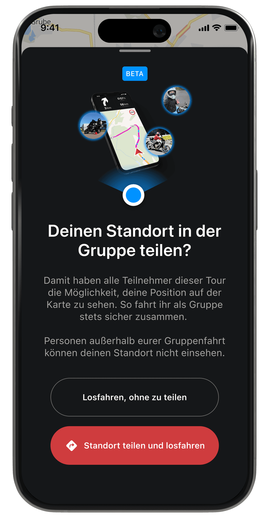 Smartphone-Display unserer Motorrad-Navigations-App mit Standortfreigabe für Gruppen – teile deine Motorradtour über kurvige Straßen live mit deinen Freunden.